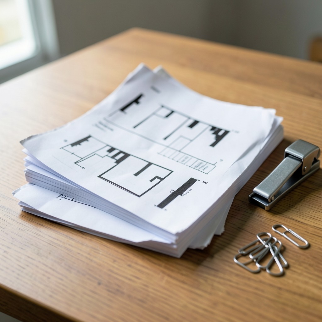 Black-and-white printed chart pages stacked beside a stapler on a wood desk