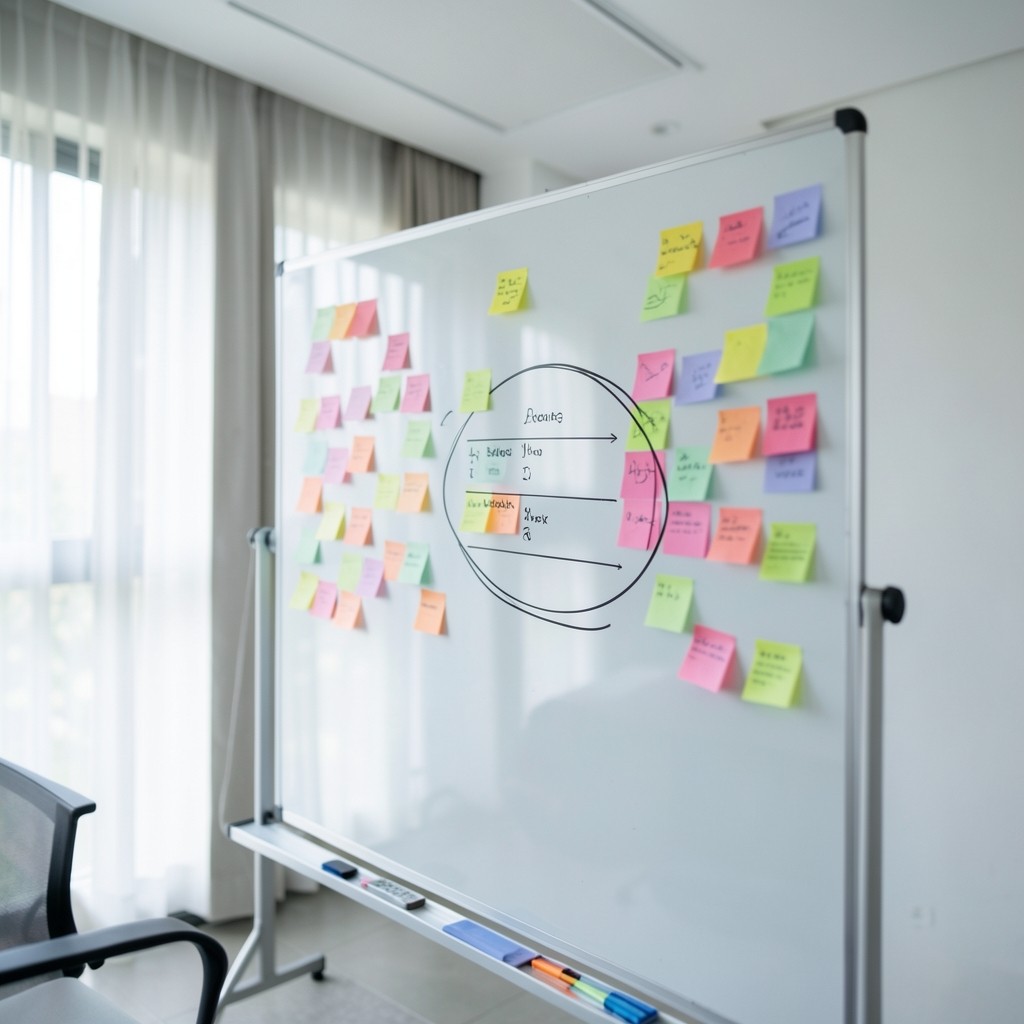 White board with a single municipal program outline circled among many sticky notes