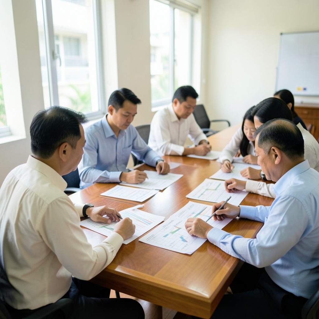 Municipal officers reviewing printed program charts at a long table in a Bangkok district office
